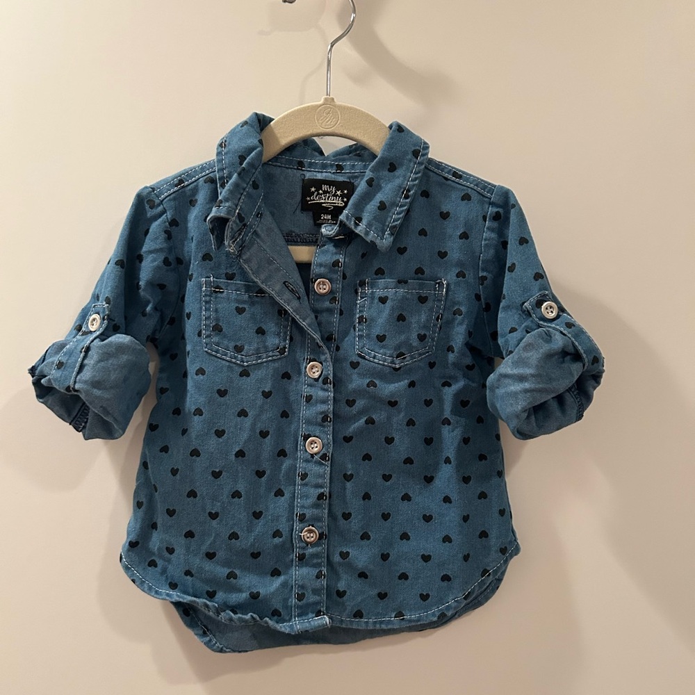 Blue Denim Shirt with Heart Pattern 24M